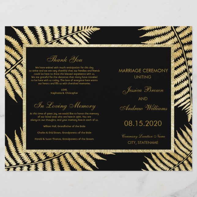 Elegante Programa de Boda con Hoja de Oro Falso y  (Anverso)