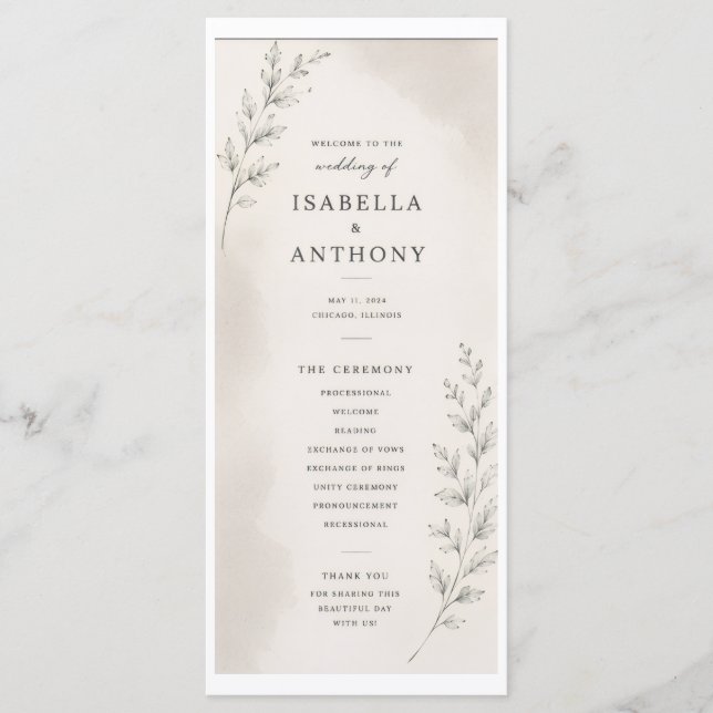 Elegante programa de boda con hojas (Anverso)