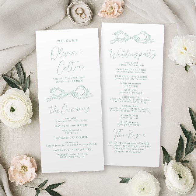 Elegante Programa de Boda con Lazo Dibujado a Mano (Elegant Light Green Hand Drawn Bow Wedding Program)
