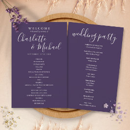 Elegante programa de boda con letra de firma púrpu