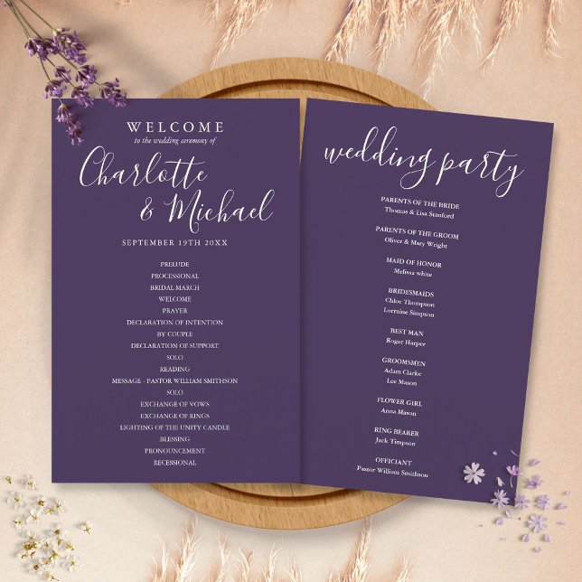 Elegante programa de boda con letra de firma púrpu (Subido por el creador)