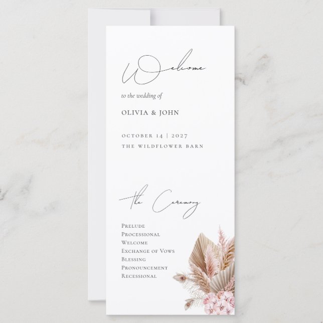 Elegante Programa de Boda con Pampas Boho (Anverso)