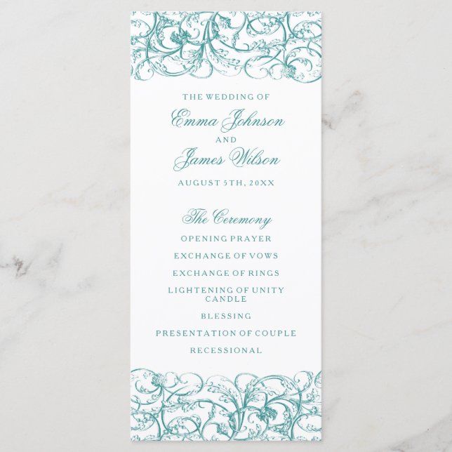 Elegante programa de boda con remolinos azules / t (Anverso)