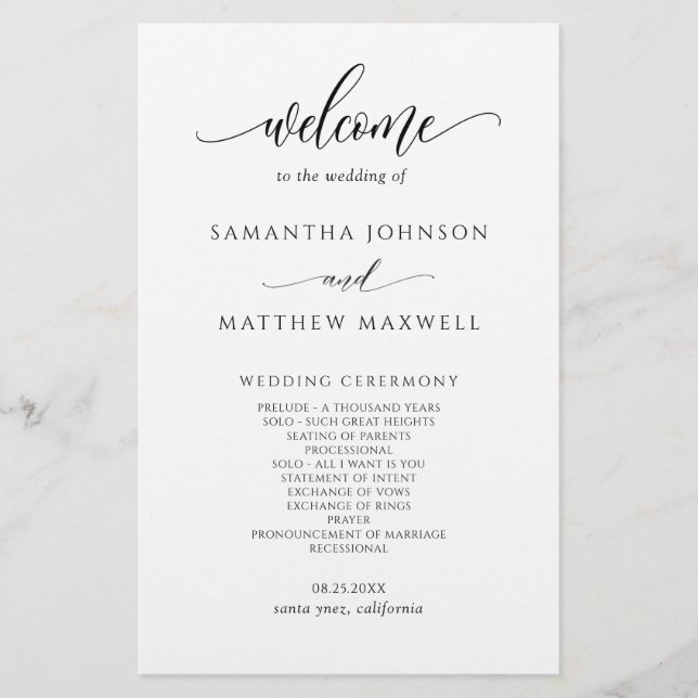 Elegante programa de boda de caligrafía moderna (Anverso)