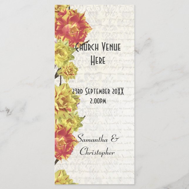 Elegante programa de boda de iglesia floral amaril (Anverso)