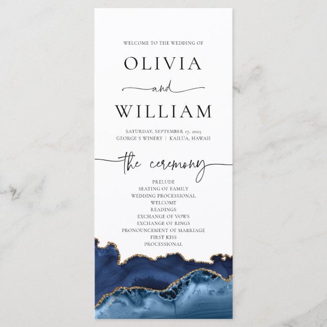 Elegante programa de boda de la Marina Azul y el A (Anverso)