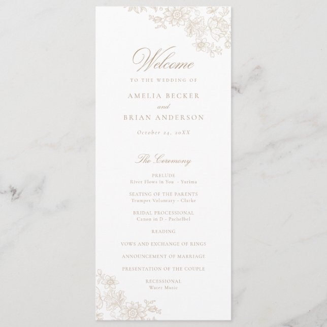 Elegante Programa de Boda de Lace Beige Floral Vin (Anverso)