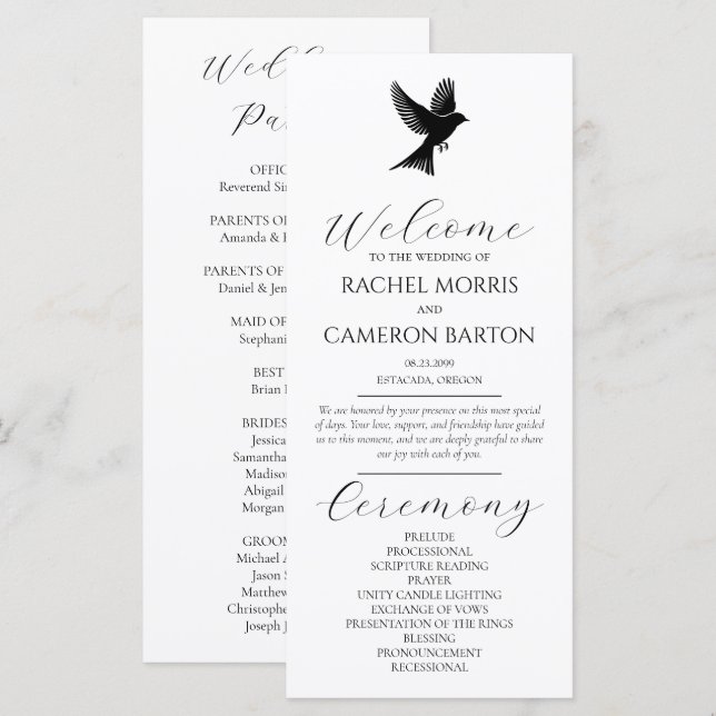 Elegante Programa de Boda en Blanco y Negro con Av (Anverso / Reverso)