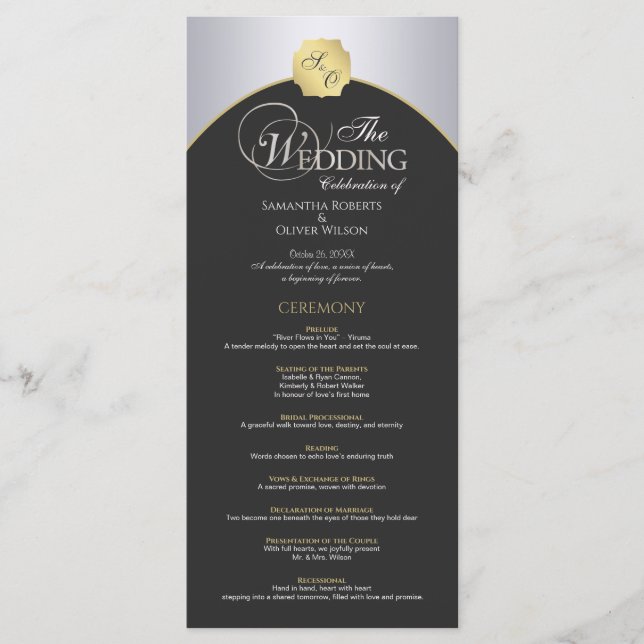 Elegante programa de Boda en Monograma de Oro Plat (Anverso)