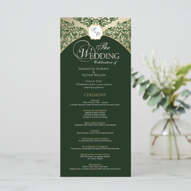 Elegante programa de Boda en Monograma Verde y Oro (Anverso de pie)