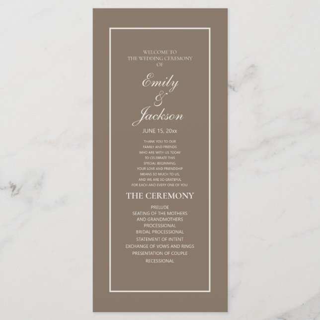 Elegante Programa de Boda en Script de Crema Marró (Anverso)
