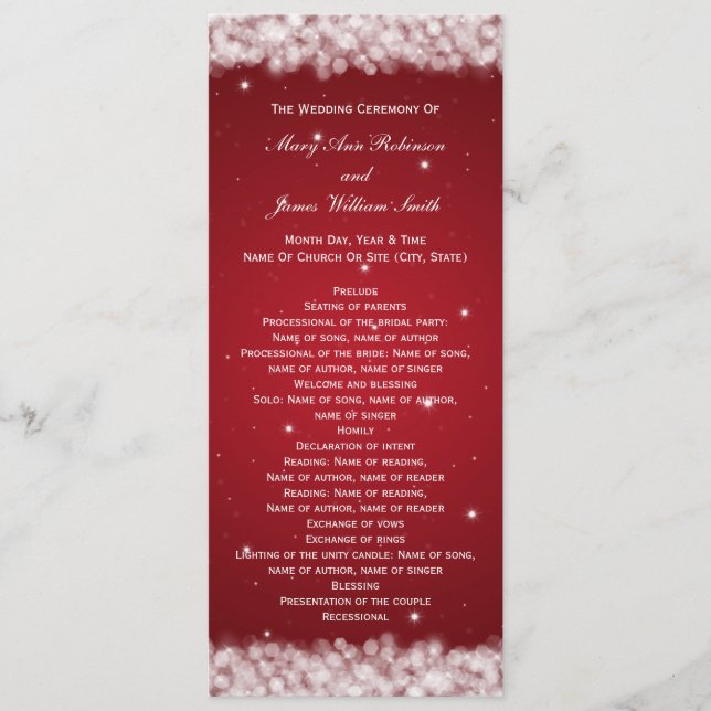 Elegante Programa de Boda Fiesta Brillo Rojo (Anverso)