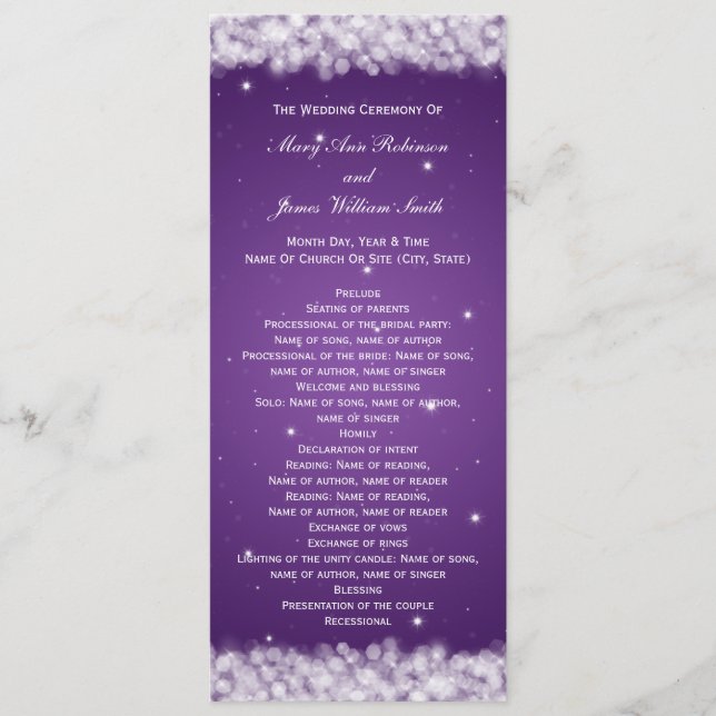Elegante Programa de Boda Fiesta Destello Púrpura (Anverso)