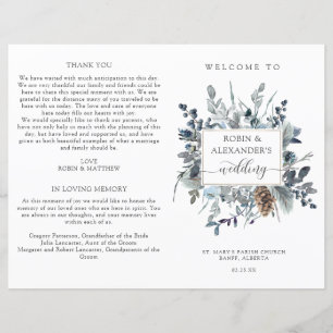 Elegante Programa de Boda Floral Azul Plegado