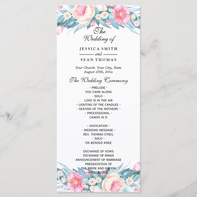 Elegante programa de boda floral con acuarela (Anverso)