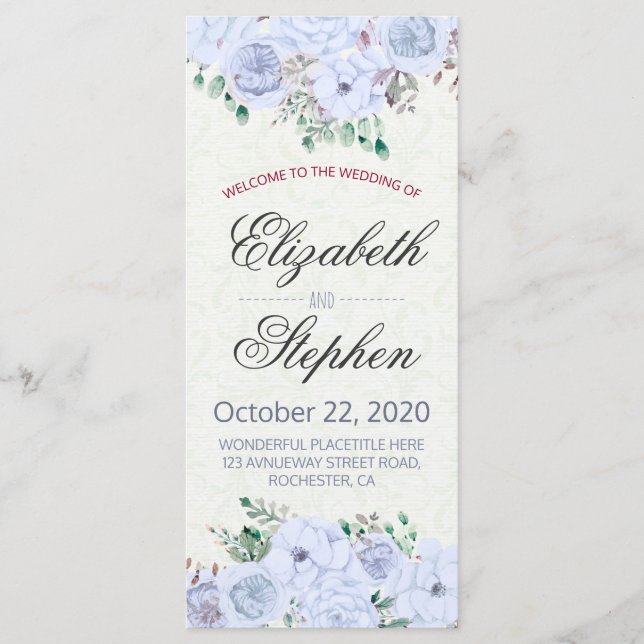 Elegante programa de Boda Floral de acuarela azul (Anverso)