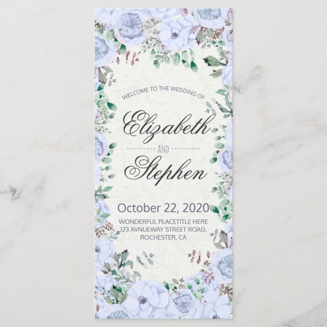 Elegante programa de Boda Floral de acuarela azul (Anverso)