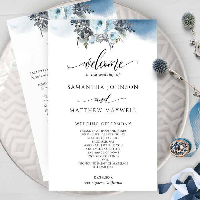 Elegante programa de Boda Floral de acuarela azul (Subido por el creador)