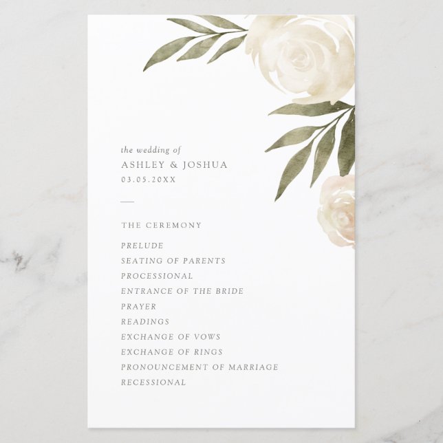 Elegante programa de Boda Floral de acuarela blanc (Anverso)