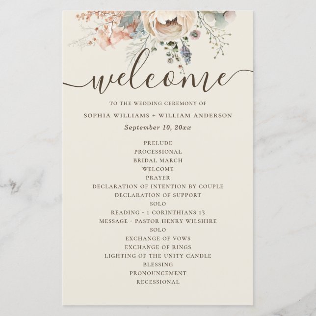 Elegante programa de boda floral de jardín con acu (Anverso)