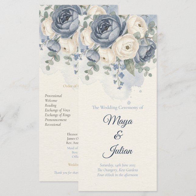 Elegante Programa de Boda Floral Francés en Azul P (Anverso / Reverso)