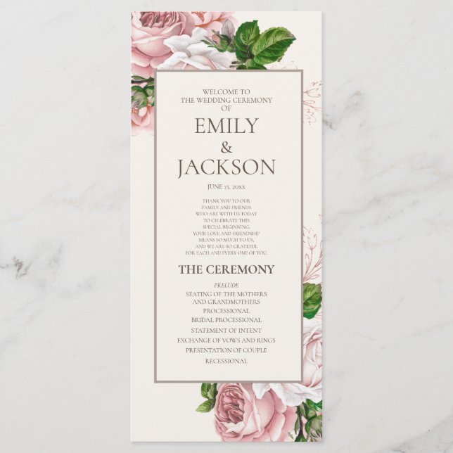 Elegante Programa de Boda Floral Rosa Crema (Anverso)