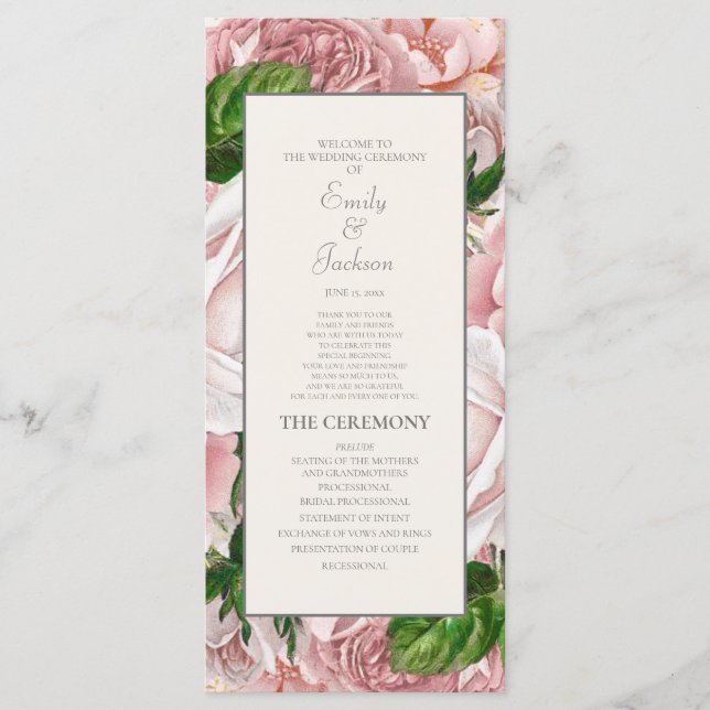 Elegante Programa de Boda Floral Rosa Crema (Anverso)