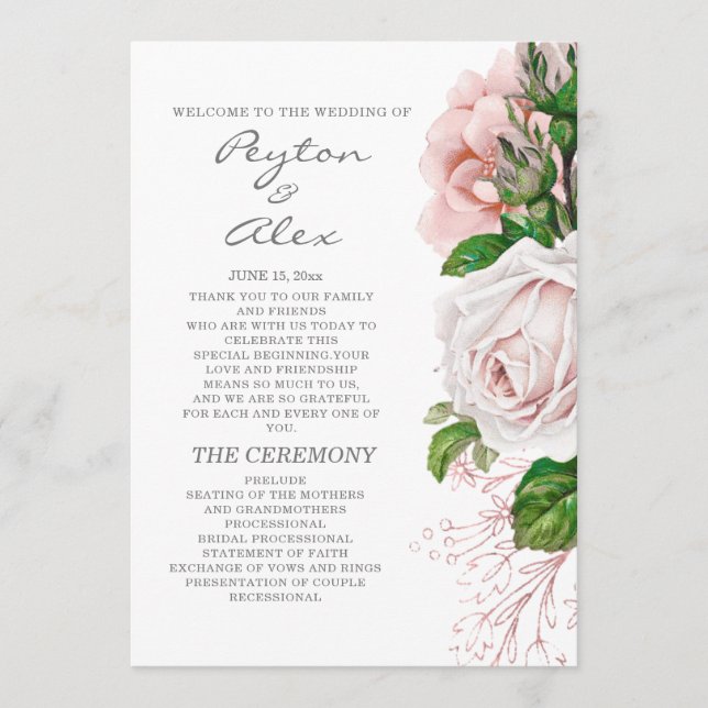 Elegante programa de boda floral rosa y blanco (Anverso)