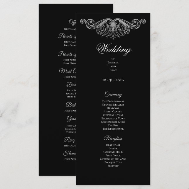 Elegante programa de boda gótico en blanco y negro (Anverso / Reverso)