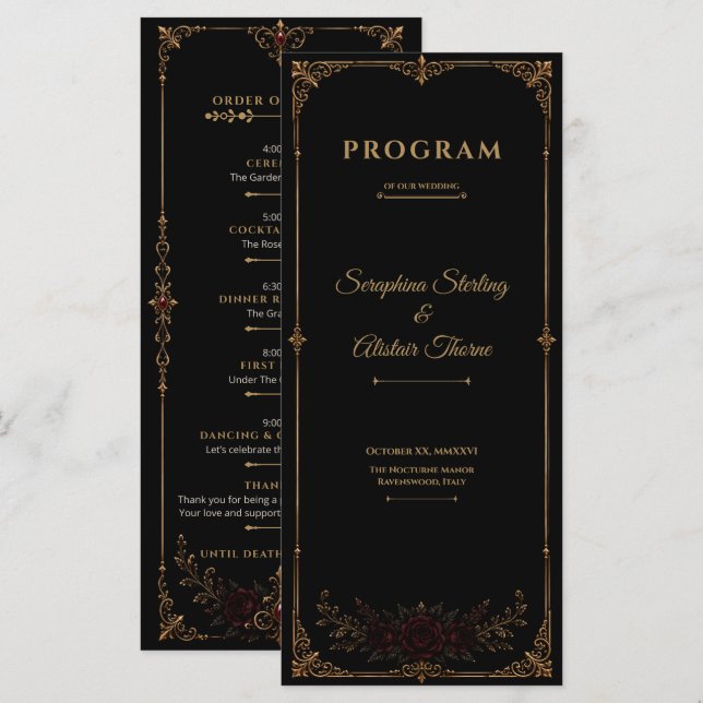 Elegante Programa de Boda Gótico Oscuro (Anverso / Reverso)