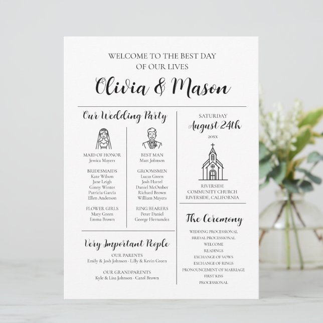 Elegante programa de boda infográfica única y mode (Anverso de pie)