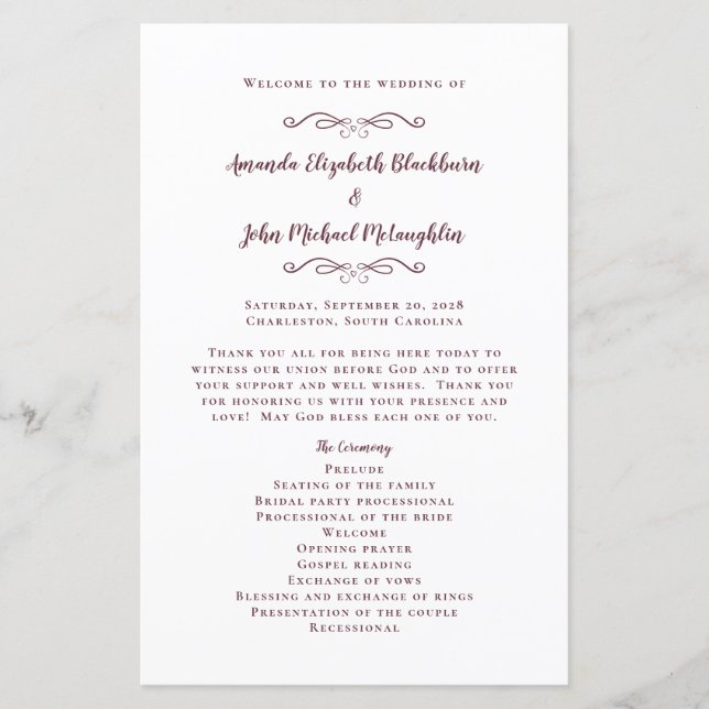 Elegante programa de Boda Moderna Ceremonia Borgoñ (Anverso)