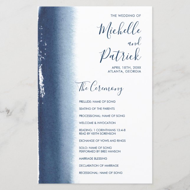 Elegante Programa de Boda Moderno Azul Marino (Anverso)