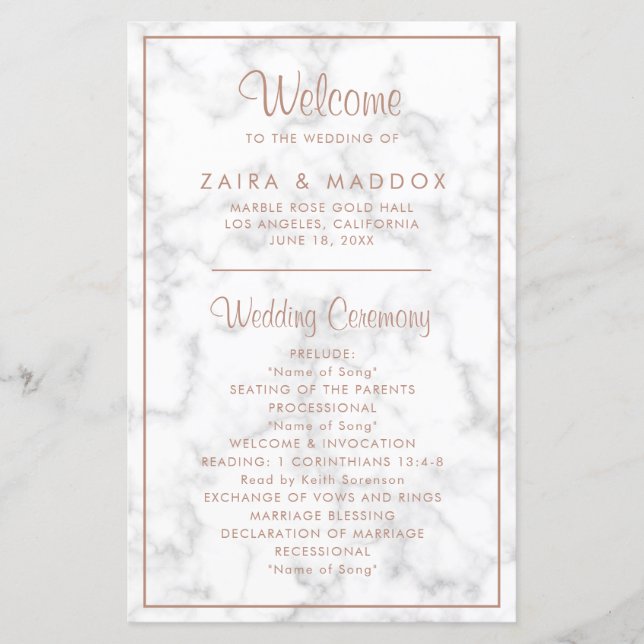 Elegante Programa de Boda Moderno con Mármol en Ro (Anverso)