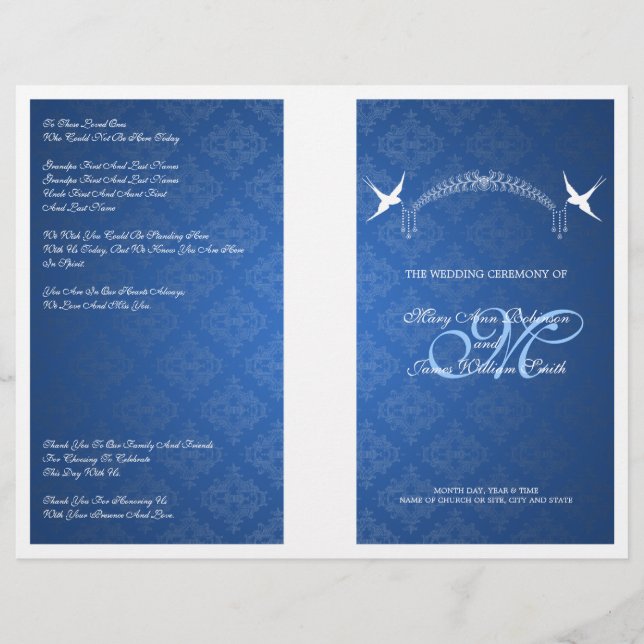 Elegante Programa de Boda Monograma de Pájaros Azu (Anverso)