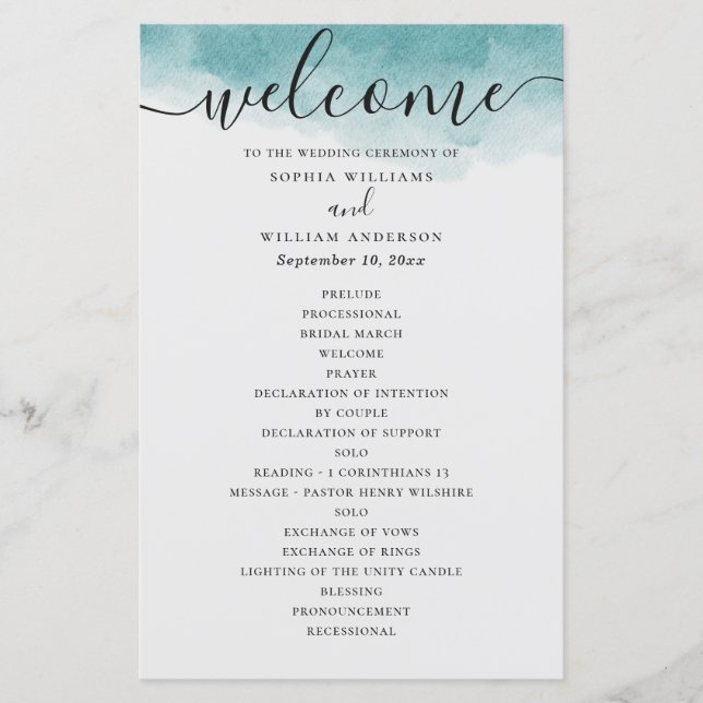 Elegante programa de boda náutico azul acuarela (Anverso)