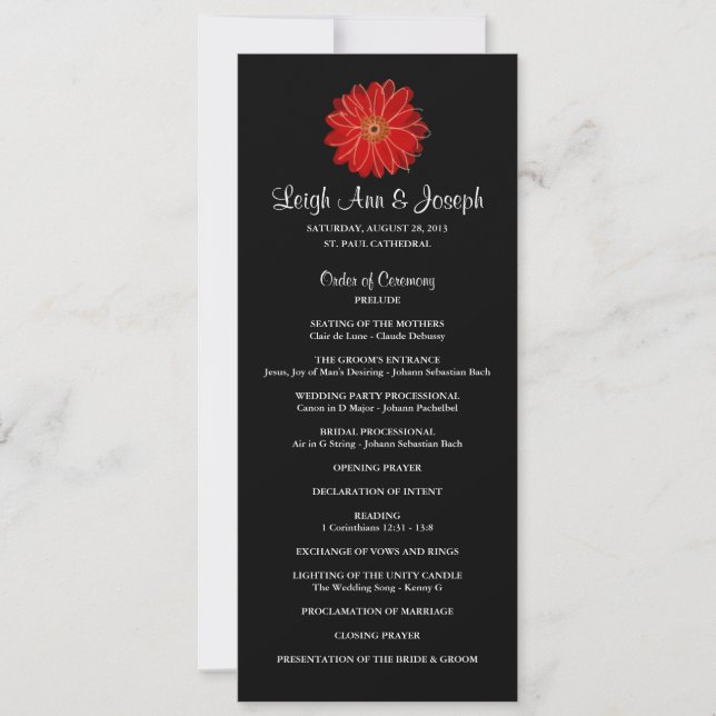Elegante programa de boda Red Gerber Daisy (Anverso)