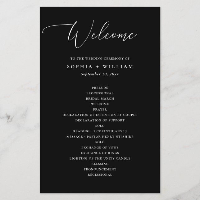 Elegante programa de boda simple en blanco y negro (Anverso)