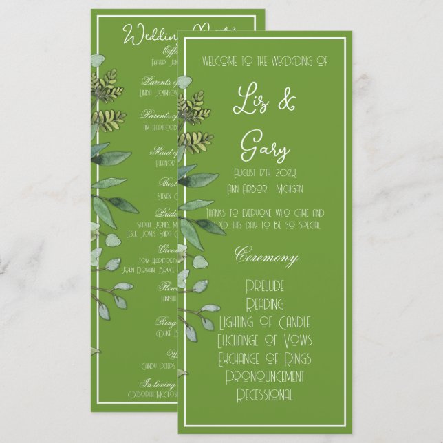 Elegante Programa de Boda Tropical Verde (Anverso / Reverso)