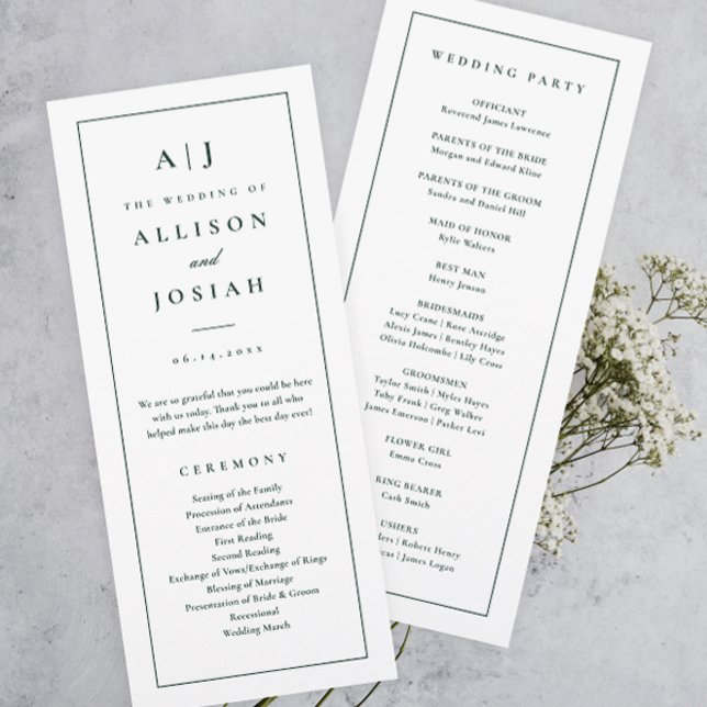Elegante Programa de Boda Verde con Monograma (Elegant and Classic Monogram Green and White Wedding Program.)