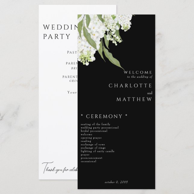 Elegante programa de bodas B/W de Floral blanca (Anverso / Reverso)