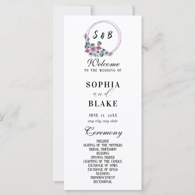 Elegante programa de Bodas Blancas Monogramadas Fl (Anverso)