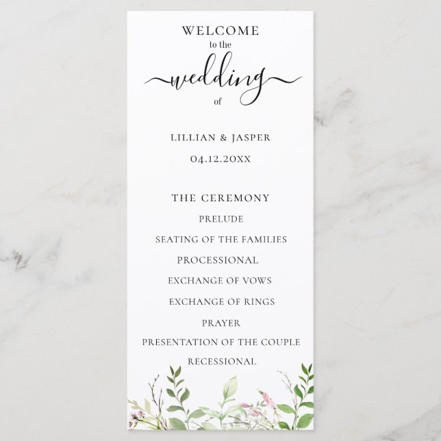 Elegante programa de bodas botánicas de flores sil (Anverso)