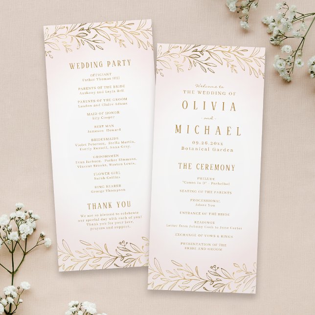 Elegante programa de bodas botánicas de oro ruidos (Elegant blush gold botanical wedding program)