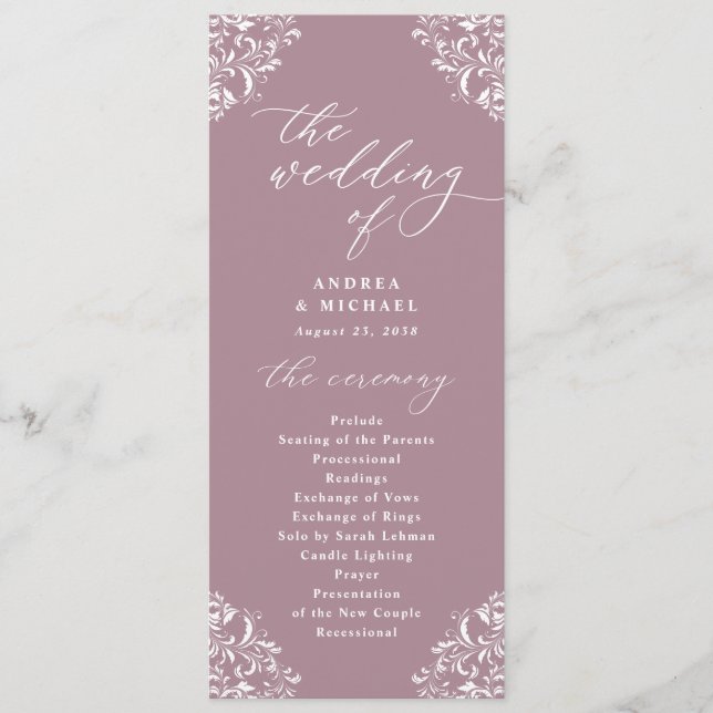 Elegante programa de bodas clásicas malvas (Anverso)