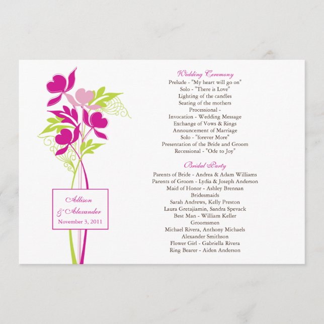 Elegante programa de bodas con Bouquet en rosa y v (Anverso)