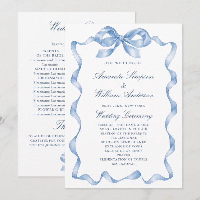 Elegante programa de bodas de barro con manga azul (Anverso / Reverso)