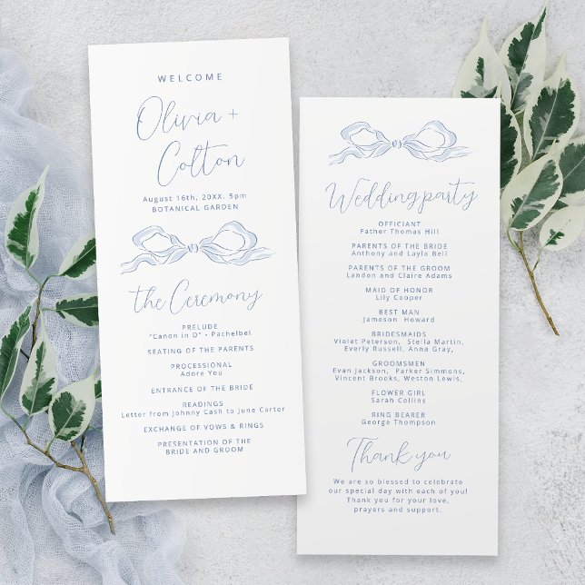 Elegante programa de bodas de barro con manga azul (Elegant Dusty Blue Hand Drawn Bow Wedding Program)