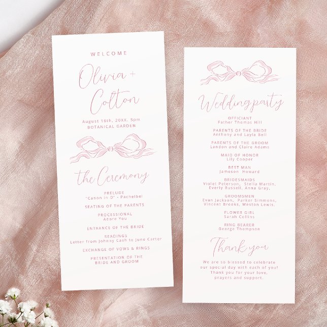 Elegante programa de bodas de barro con mano rosad (Elegant Pink Hand Drawn Bow Wedding Program)