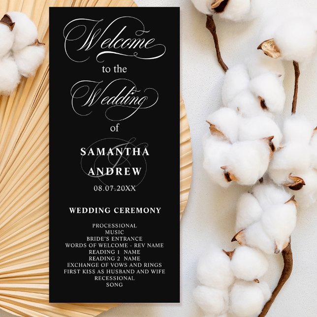 Elegante programa de bodas de caligrafía negra bla (Elegant black white calligraphy wedding program)